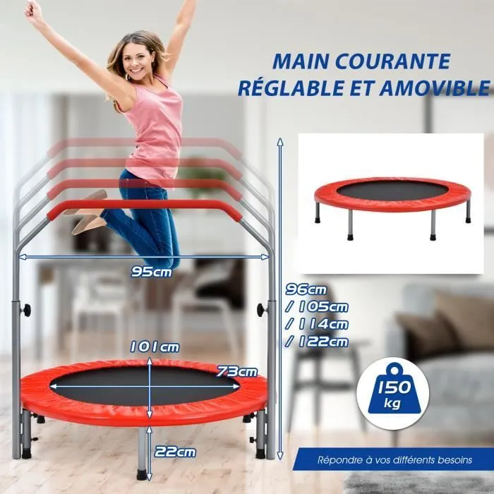 COSTWAY Trampoline de Fitness Pliable Enfants-Adultes 101 cm-Main Courante en Mousse-4 Hauteur Réglable-150 kg-Elastique-Rouge-2