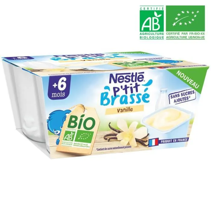 NESTLE P'tit Brassé Dessert bébé BIO dès 6 mois saveur vanille - 4 pots x 90 g-0