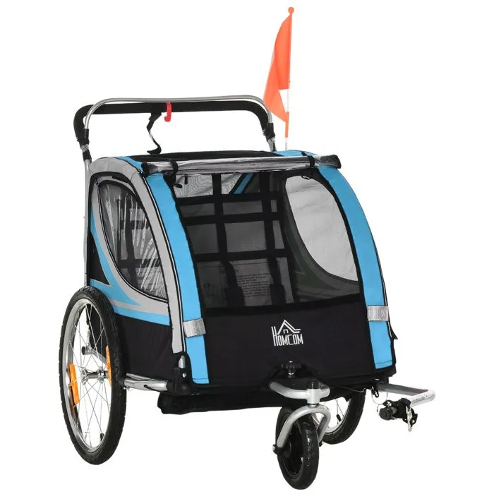HOMCOM Remorque vélo pour Enfant 2 en 1 Convertible Jogger Poussette capacité 26,4 kg avec réflecteurs et Drapeau - 2 Places - Bleu-0
