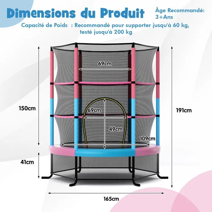 COSTWAY Trampoline de Jardin pour Enfants avec Filet de Protection, Appuis de Ressorts et Structure en Acier, 165x165x191cmMacaron-5