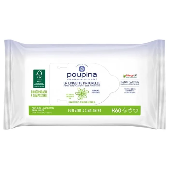 Lingettes Naturelles - POUPINA - Soins Bébé - 60 unités - Hypoallergéniques - Biodégradables-0
