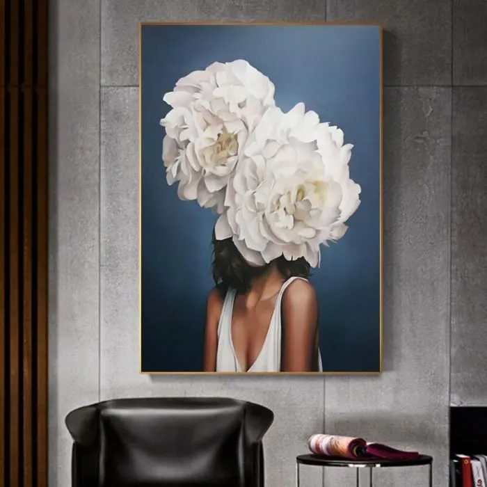 Toile Femme Fleur Blanche Abstrait Moderne - Affiche Poster Décoration- Décoration Maison 30x40cm-0