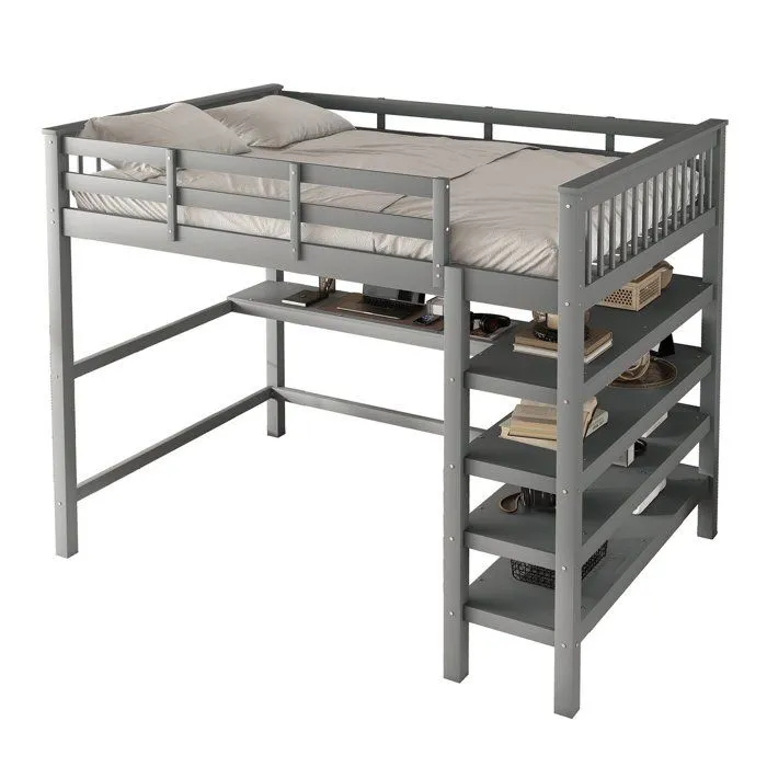 Lit mezzanine, 140 x 200, Lit haut pour enfants, Compartiment de rangement et bureau sous le lit, Pas de matelas, Gris-1