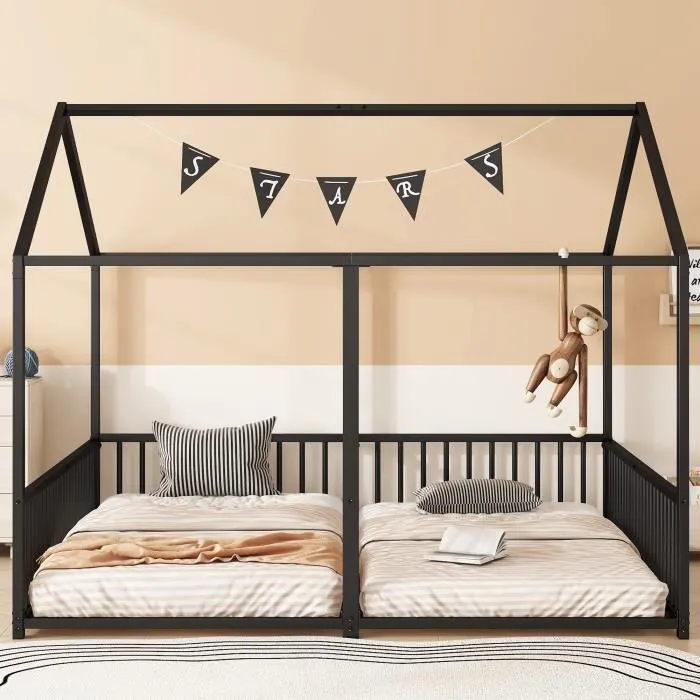 Lit cabane enfant - DREAMMESPACE - 90x200cm - Métal noir - 2 places - Balustrade de sécurité-1