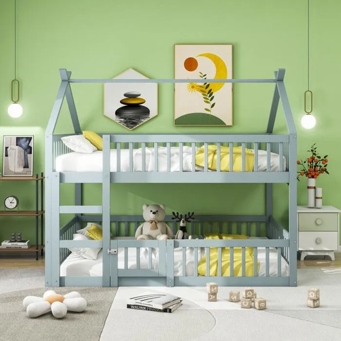 Lit superposé enfant 140x200cm - avec escalier - design loft - bois massif - gris-2