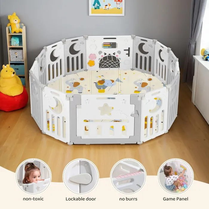 Parc Bébé Pliable 14 Panneaux 150×150 cm, Parc bebe modulable plastique, Parc Bebe avec Porte et Panneau d'activité-2