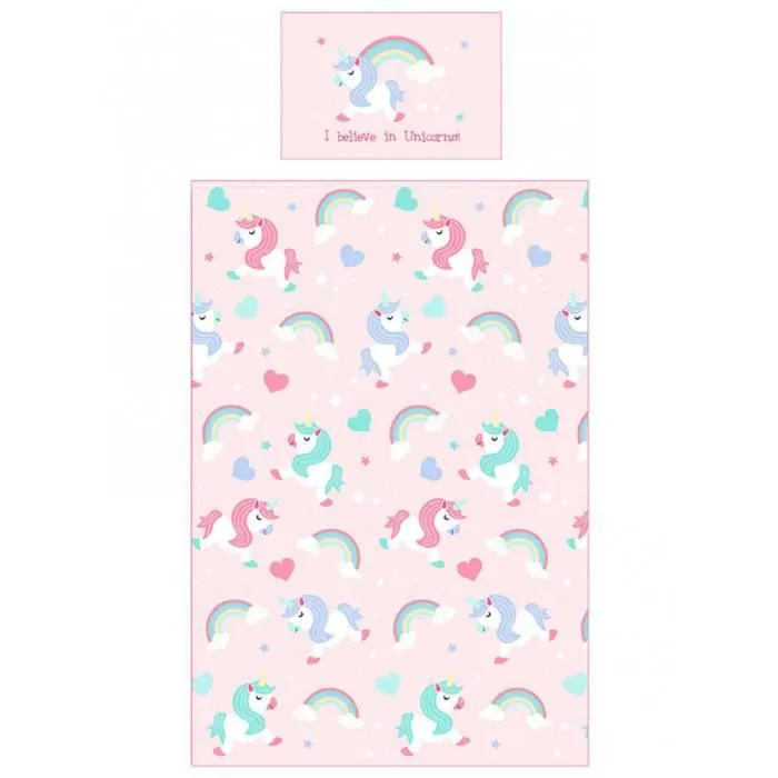 Housse de couette et taie d'oreiller - Je crois en unicornes - Rose - 135x200 cm - Lavable en machine - Enfant-1