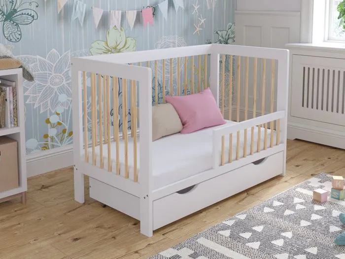 Lit Bebe Evolutif avec tiroir en Bois Pin Blanc 120x60cm, Transformable en Un Canapé-lit avec Une Barrière de Sécurité-4