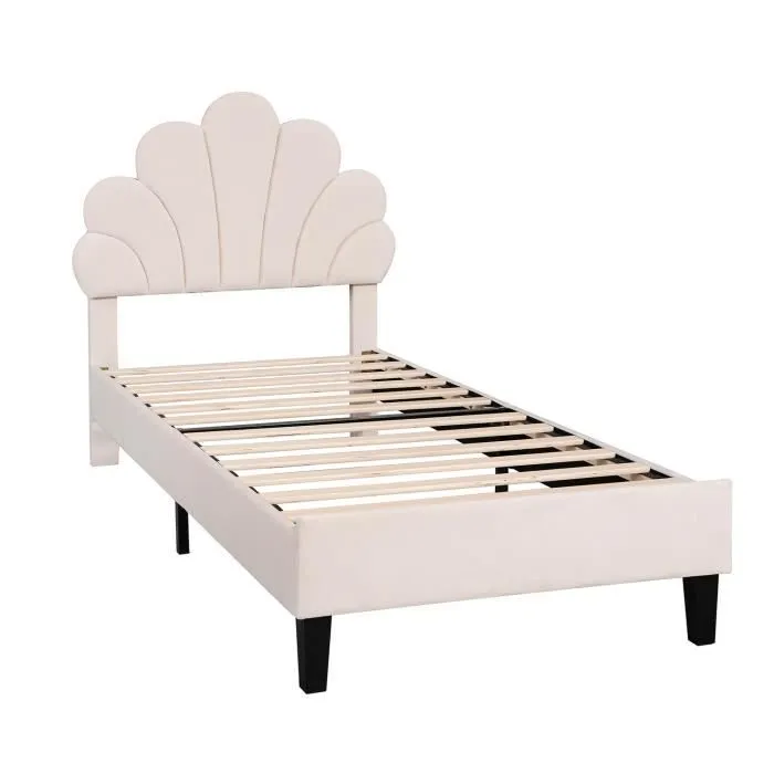 Lit simple scandinave 90x200 cm Lit rembourré avec tête de lit en forme de fleur et sommier à lattes, en velours, beige-2