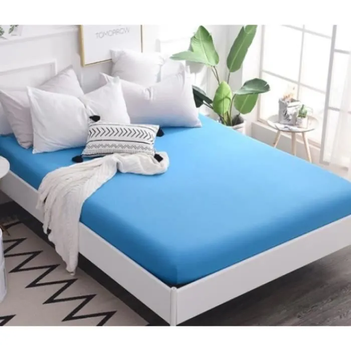 Drap Housse - Home Déco - 90x190 cm - 100% Coton - Bleu Ciel - Tissage Serré-0