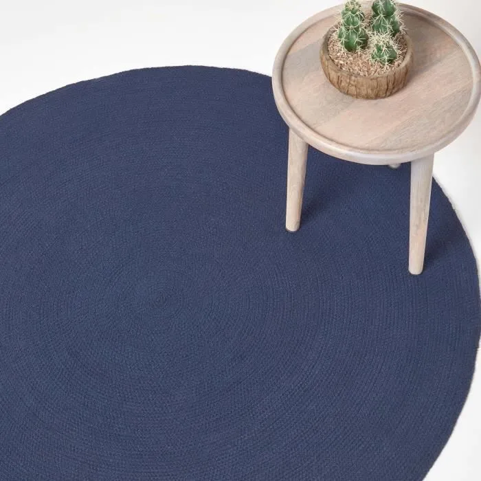 Tapis rond tissé à plat en coton Bleu Marine, 150 cm-0