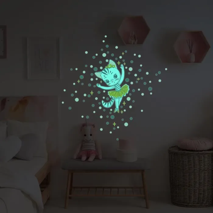 Sticker phosphorescent lumineux - CHAT BALLERINE + 100 RONDS COLORÉS - Autocollant mural plafond enfant fluorescent - 60x40cm-3