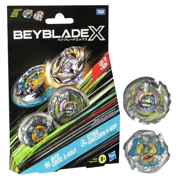 Beyblade X Dual Pack Bite Croc 3-60LF et Sting Unicorn 4-60P, 2 toupies de compétition à rotation droite, Dès 8 ans-0