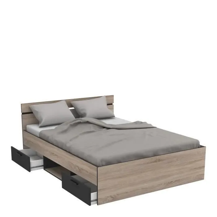 DEMEYERE Michigan Lit adulte 140x190 cm - 2 tiroirs et 1 niche - Industriel - Décor chêne brossé et noir-3