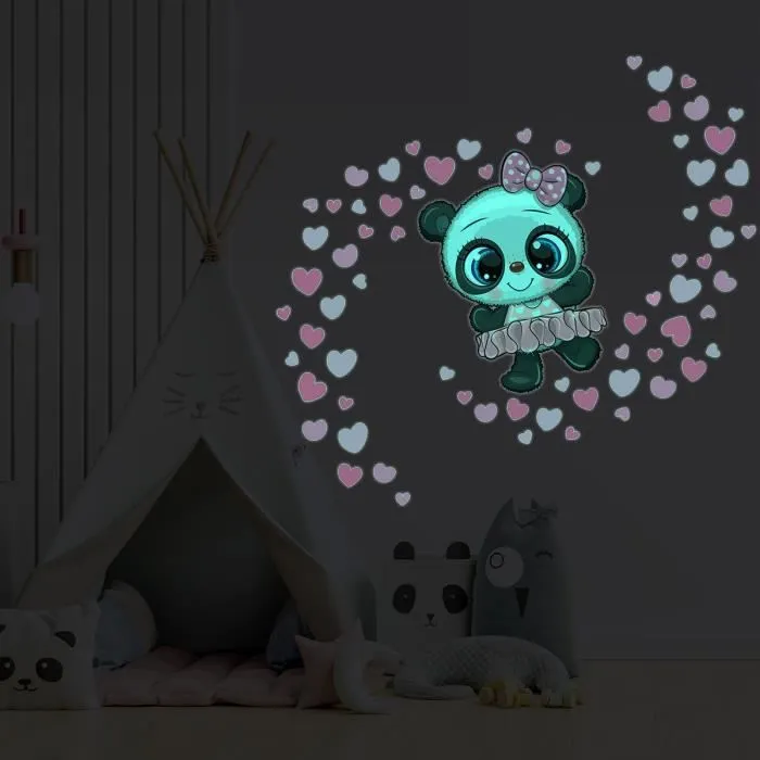 Sticker phosphorescent lumineux - PANDA BALLERINE ET 70 CŒURS - Autocollant mural plafond enfant fluorescent - 30x30cm-3