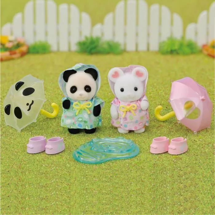 Figurines Articulées - SYLVANIAN FAMILIES - Duo Bébés en Habits de Pluie - Panda et Souris Marshmallow-5