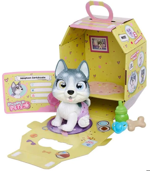 Smoby - Pamper Petz - Husky à adopter - 4 accessoires - Articulé - Bois et fais pipi - Certificat d'adoption - Dès 3 ans-3