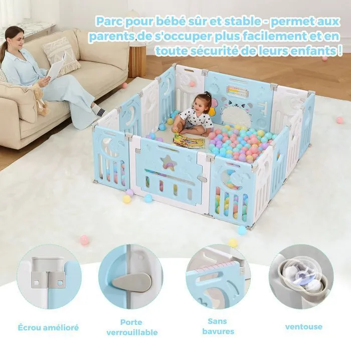 Parc Bebe 12+2 Panneaux, Parc XL Enfant Modulable Avec Verrouillage de Sécurité, Forme Réglable, Pliable,Barriere Bebe, Bleu-4