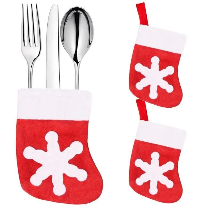 Décoration de table - SPRINGOS - 3 Pcs Porte-couverts de Noël - Rouge - Flocon de neige blanc - Tissu textile-0