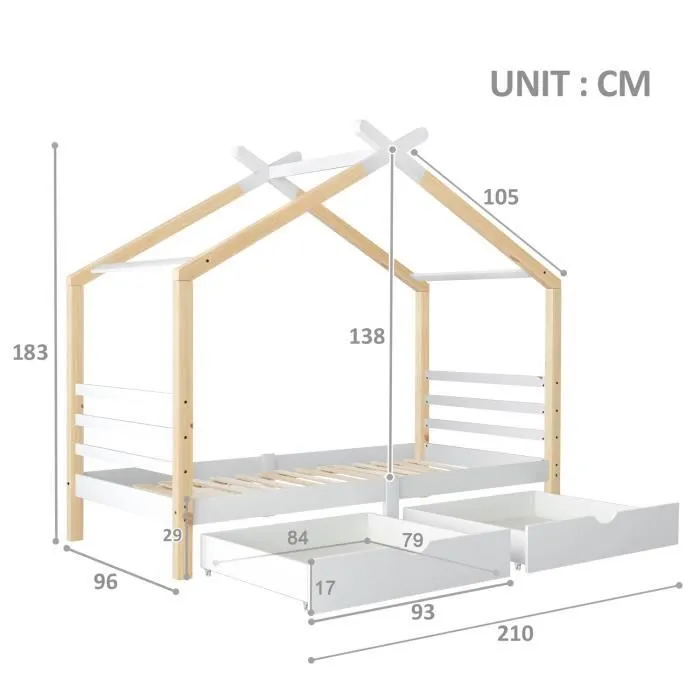 Lit cabane enfant 90x200 cm en bois, avec tiroirs et sommier à lattes, naturel et blanc-2