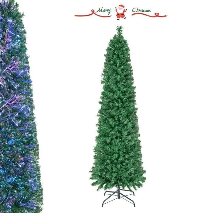 COSTWAY Sapin de Noël Artificiel 180 cm avec Fibre Optique Colorées 517 Branches PVC Forme de Crayon Décoration de Noël pour Maison-0