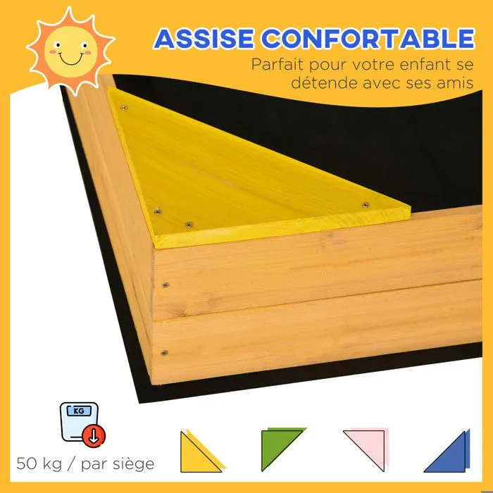 Bac à sable carré en bois pour enfants 4 assises en coin et film protection 109 x 109 x 19,8 cm bois naturel 109x109x19cm Beige-5