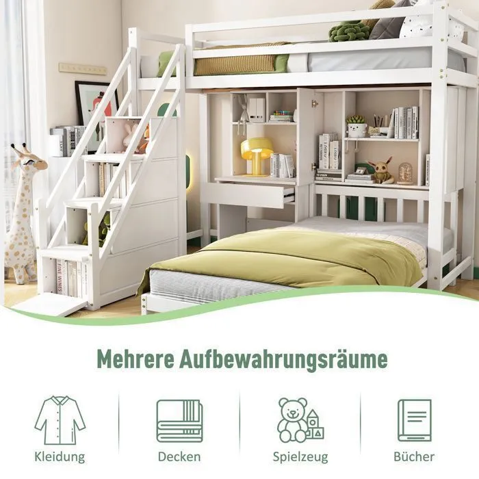 Lit superposé 90x200cm avec escalier de rangement, bureau et étagères, sommier à lattes, cadre en pin, blanc-4