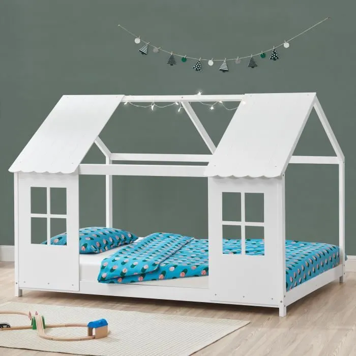 Lit cabane Tostedt pour enfant forme maison bois de pin 140 x 200 cm blanc [en.casa]-0