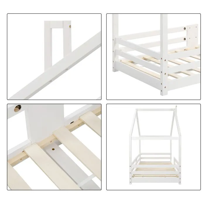 Lit cabane enfant 90 x 200cm, avec protection contre les chutes et cheminée, sommiers à lattes robustes, en bois de pin, blanc-3