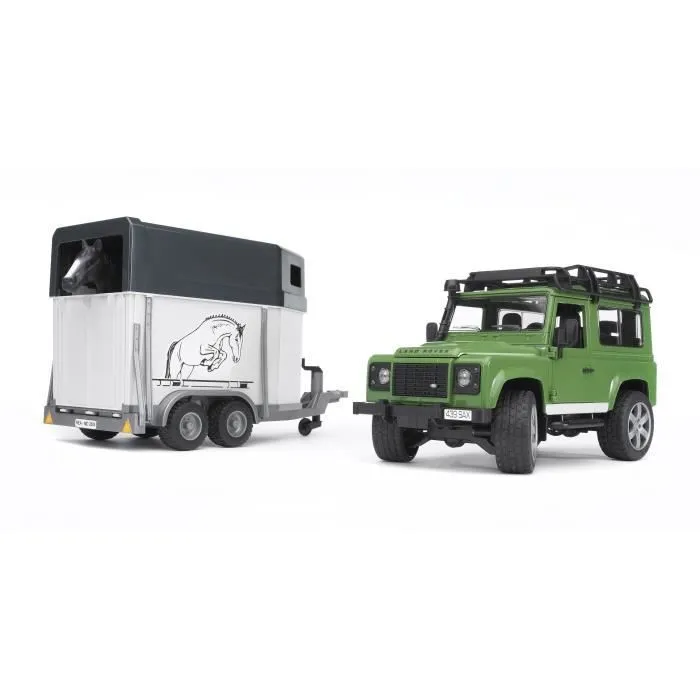Land Rover Defender 90 Break avec Van et un Cheval - BRUDER - Fonctionnel et Détaillé-1