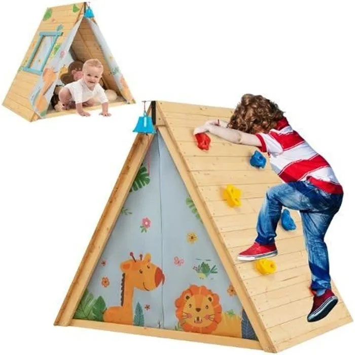 COSTWAY Maison de Jardin Enfants 2en1 avec Escalade, Cloche Imperméable Cabane en Bois de Sapin Exterieur et Intérieur 3 - 8 Ans-0