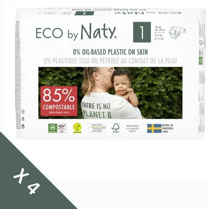 Couches NATY - Taille 1 Nouveau né 2-5 kg - Lot de 4 paquets - 100pcs-0