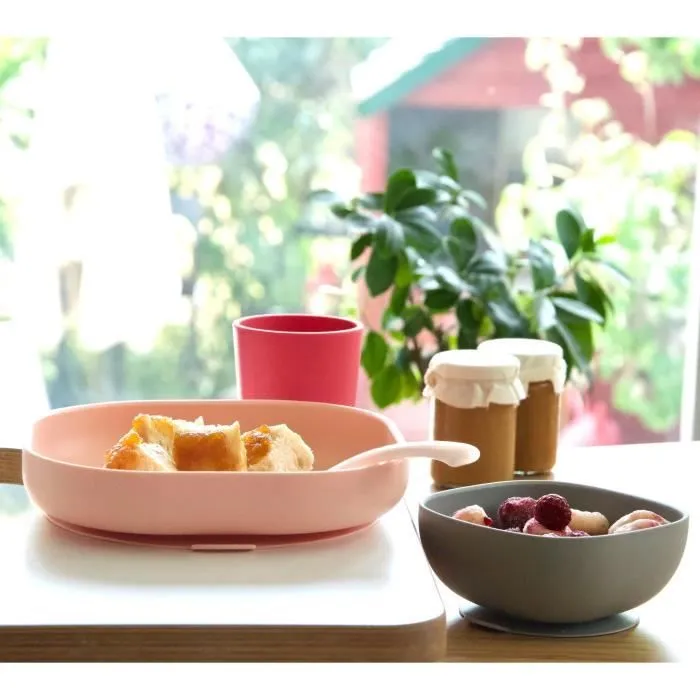 BÉABA - Set Vaisselle Silicone Repas Bébé - Ventouse - Anti-dérapant - 4 Pièces - Rose-3
