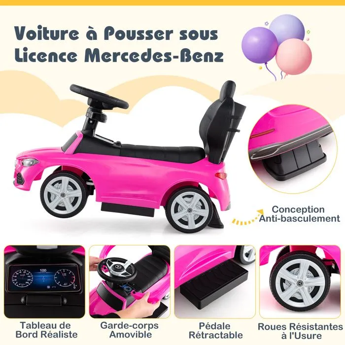 COSTWAY Mercedes Benz 3 en 1 Porteur Enfants avec Canopy Réglable, Barre de Direction, Klaxon, pour 18- 36 Mois, Charge 25kg, Rose-4