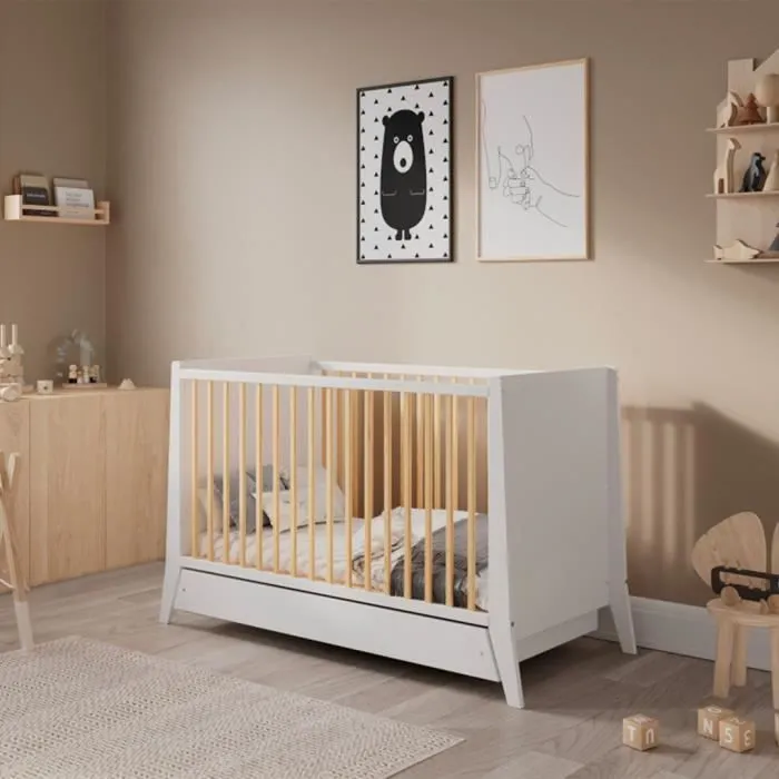 Lit bébé évolutif - Timeo - Blanc & bois - Ajustable sur 3 hauteurs - Tiroir de rangement-2