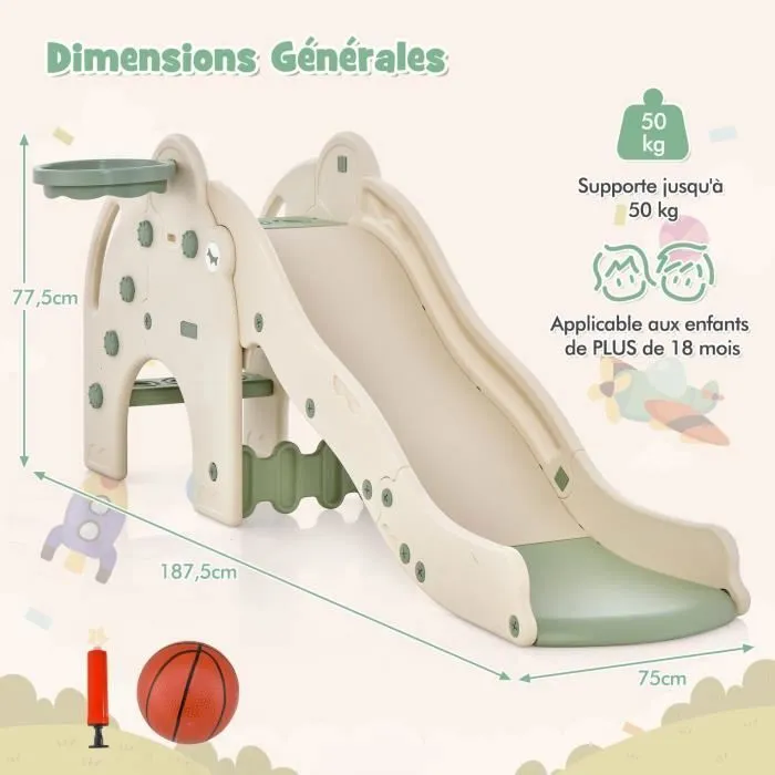 Toboggan 4 en 1 COSTWAY avec Panier de Basket, Ball, Escalade et pompe à ball - Jeu Intérieur-Extérieur Enfant dès 18 Mois Vert-2