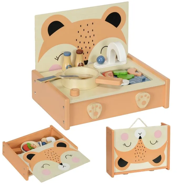 Mini-cuisine en bois - AIYAPLAY - jouet enfant motif renard 12 accessoires - poêle spatule condiments fruits légumes - pour 3-5 ans-0