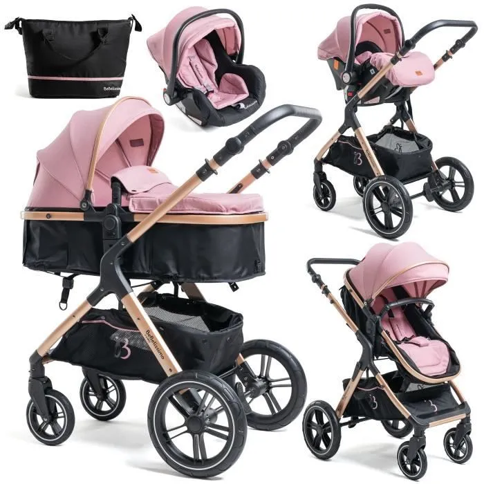 BEBELISSIMO - Poussette combinée trio 3 en 1 - siège auto 0m – nacelle – dès la naissance – jusqu’à 22kg – Premium - rose-0
