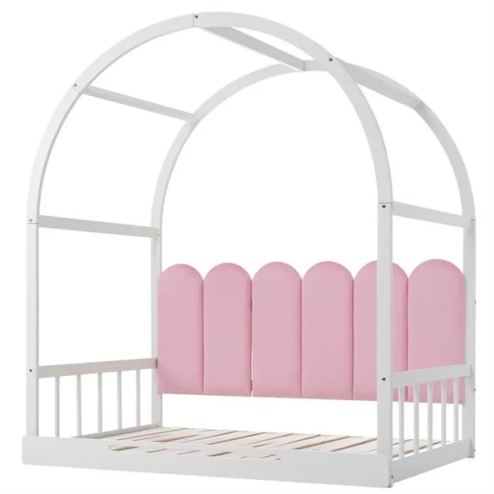 Lit gigogne - Enfant - 140x100cm/140x200cm - Bois massif - Blanc et rose - 2 places-2