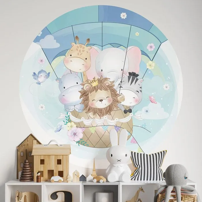 Sticker mural - Montgolfière Animaux - Adhésif MAT - Diamètre 50 cm - Bleu - Enfants-0