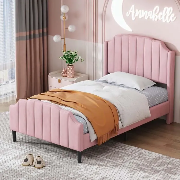 ModernLuxe Lit enfant 90x200cm - lit simple avec sommier à lattes - tissu en velours - rose-0