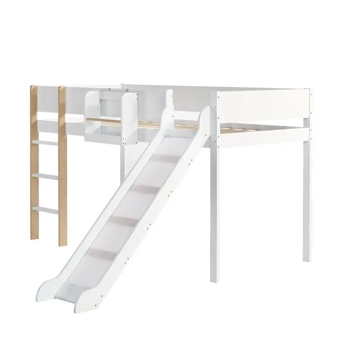 Lit mezzanine 90x200 cm avec une étagères amovible - avec échelle et toboggan - en bois de pin et MDF - Blanc-2