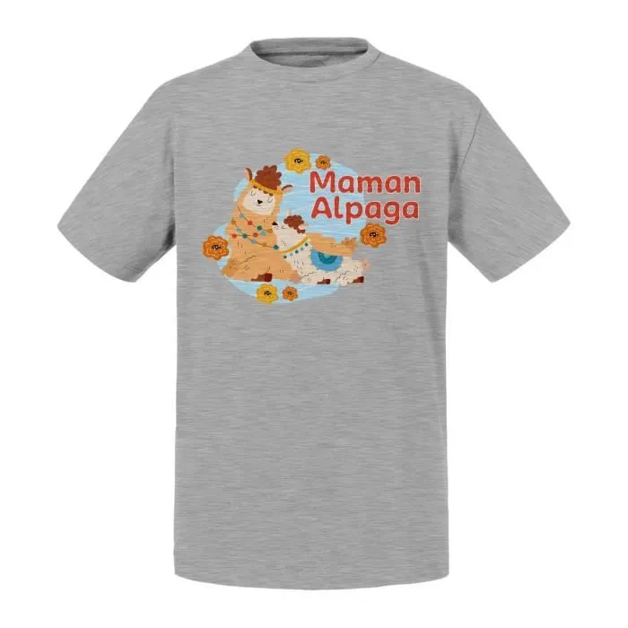 T-shirt Enfant Gris Maman Alpaga et son Bébé Dessin Illustration-0