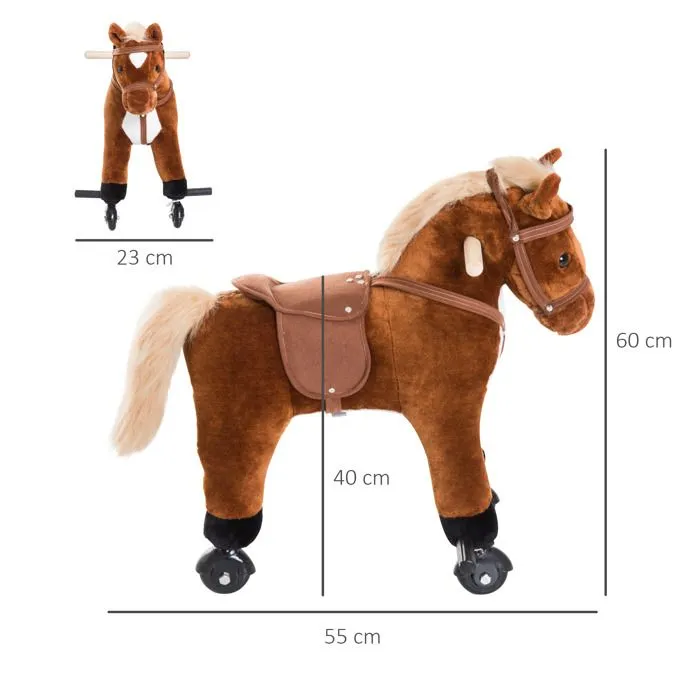 Cheval pour enfant - HOMCOM - +36 mois avec 4 roulettes - effet sonore, repose-pieds et guidon - Charge 60 kg 55x23x60 cm - Marron-3