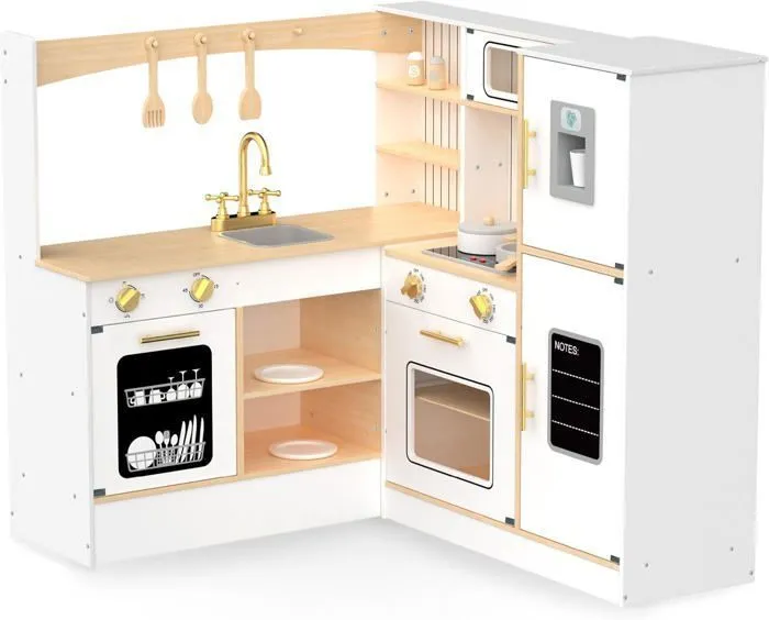 Cuisine Enfant +3ans Bois Mamabrum - Interactive, Cuisine Angle, Dinette, Lave-linge, Four, Lave-vaisselle, Hotte, Plaque, Blanche-1