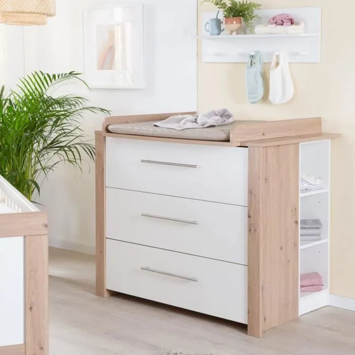 Commode à Langer ROBA - Malo - 3 Tiroirs à Fermeture Douce - Meuble à Langer avec Plan Amovible - Blanc - Chêne Clair-1