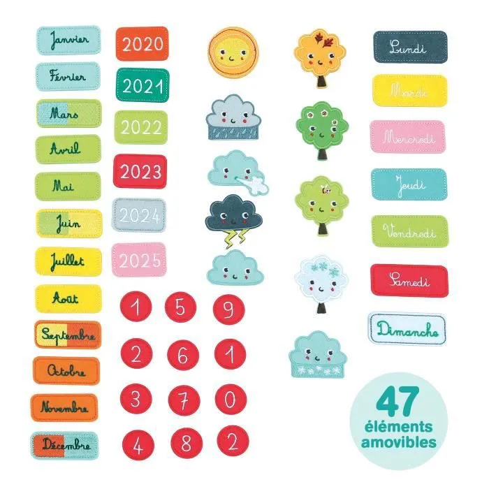 LUDI - Calendrier bleu pour enfant dès 3 ans. Panneau en tissu brodé 53 x 38 cm et accroche murale - 45 étiquettes amovibles-3