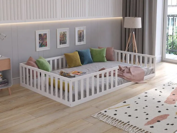 Lit au sol Montessori en bois blanc 120x200 cm, Lit Enfant pour filles et garçons-0
