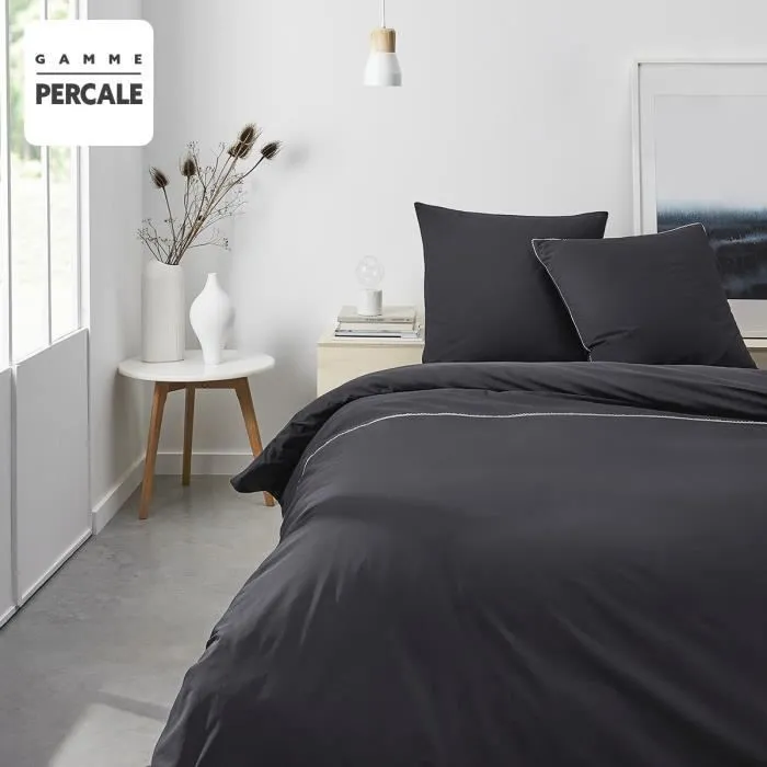 Parrure de lit TODAY Prestige - 220 x 240 cm - 2 personnes - 100% Percale Finition dentelle - Fusain-1