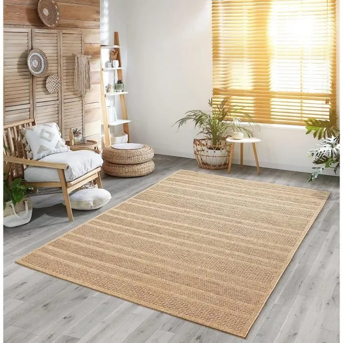 Tapis extérieur en jute Look à motif de lignes Look| 160x230 | pour le jardin ou terrasse | Rectangulaire-1